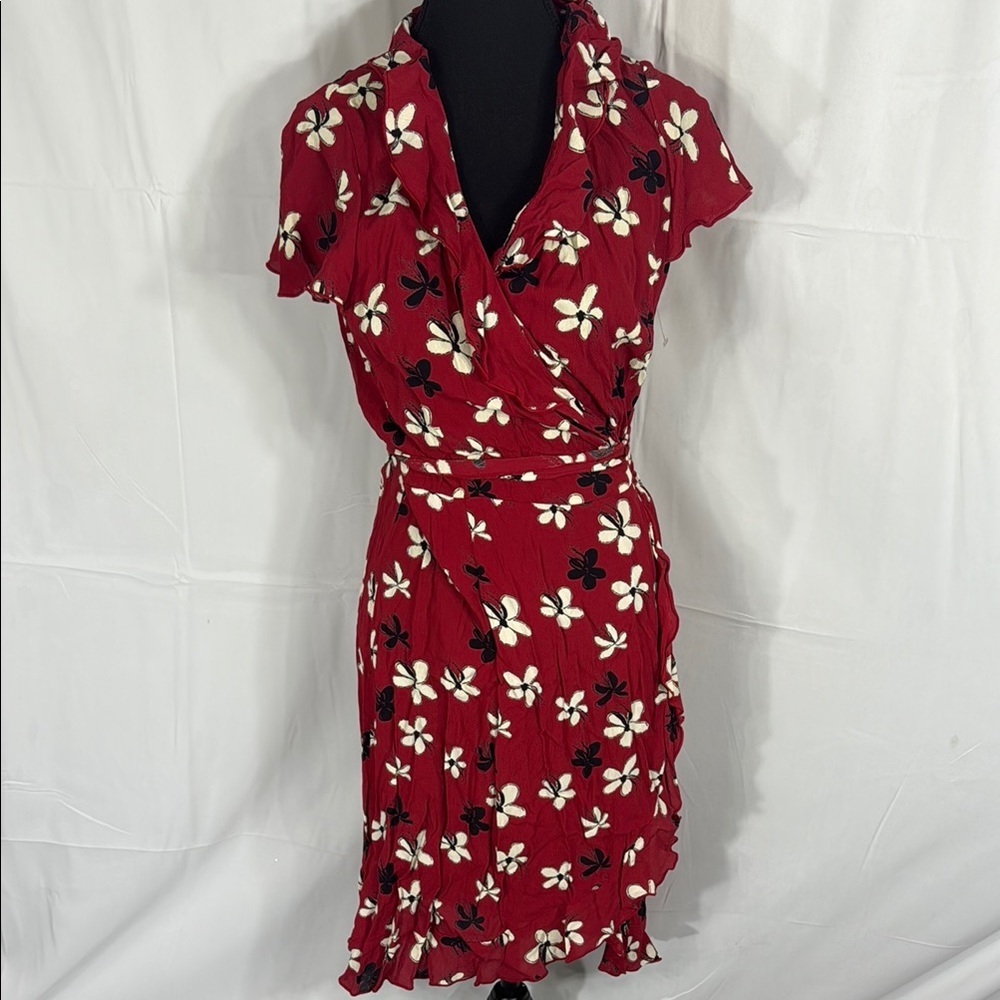 Pink Wheels Red Floral Wrap Dress Size M Made in USA - Picture 2 of 9